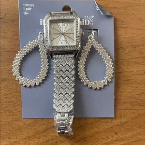 Silver Rhinestone Watch & Geometric Drop Earrings Set | Glam Sparkle Quartz